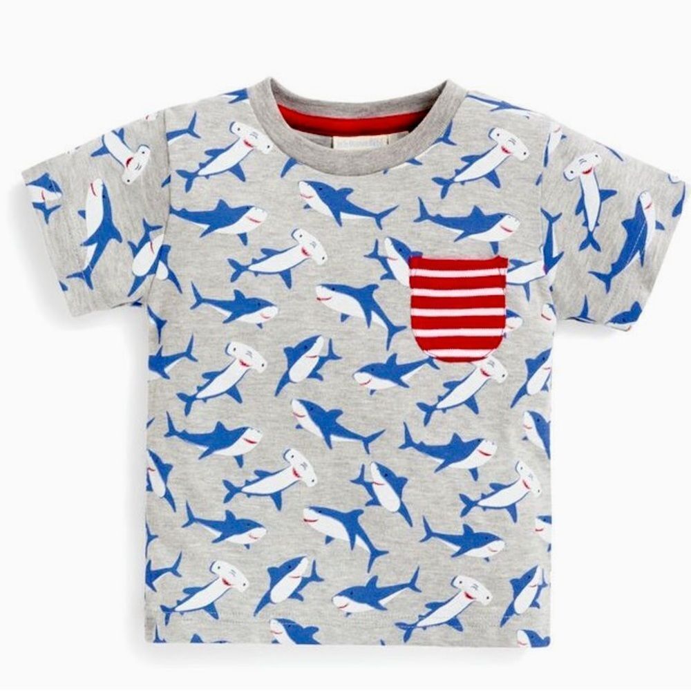 JoJo Maman Bebe Boys Kids Short Sleeve Shark Print Cotton Pocket Tee. 2-3. 2. 3.